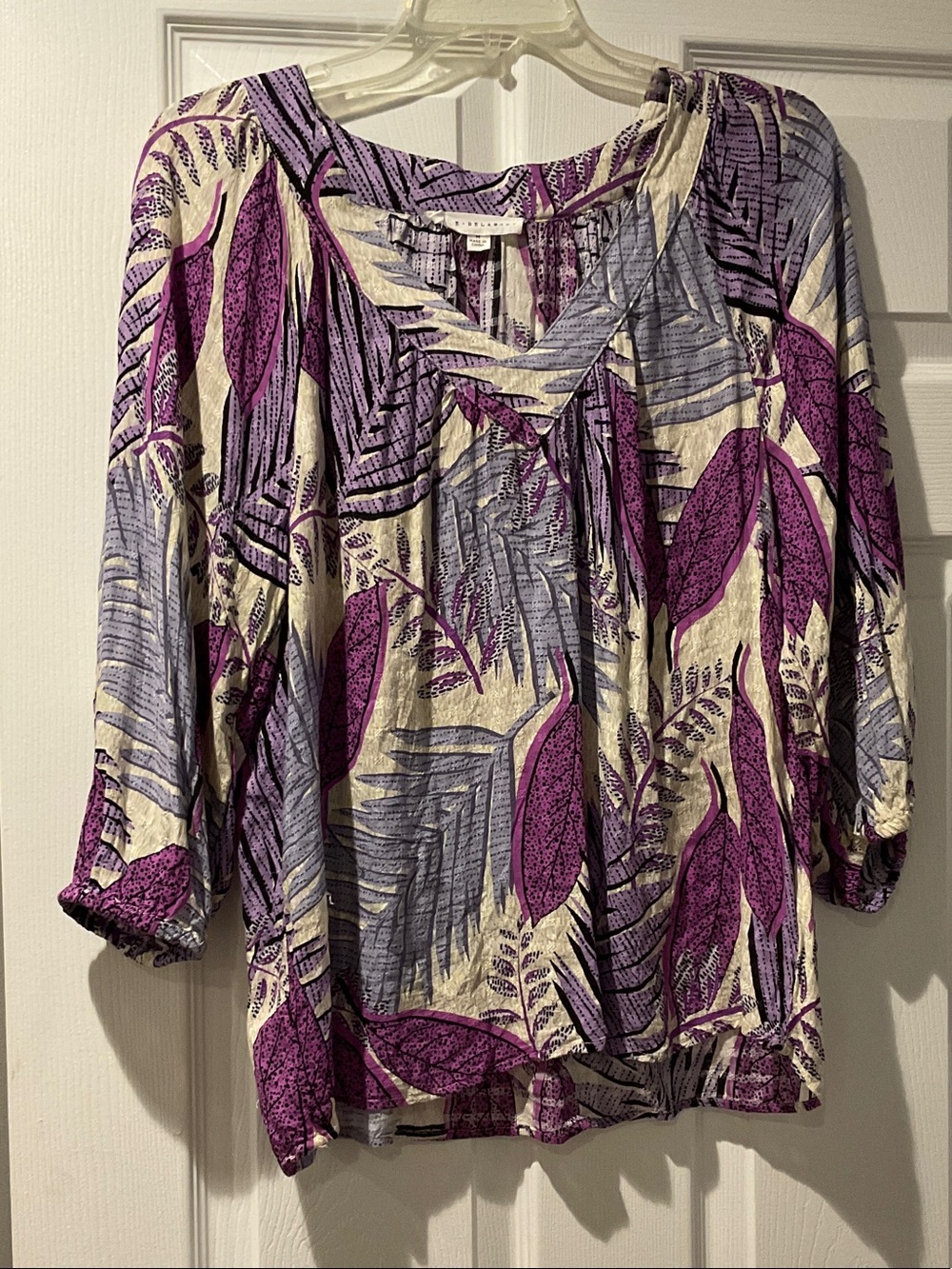 Jane and Delancey Purple and Cream Leaf-Print Peasant Tunic